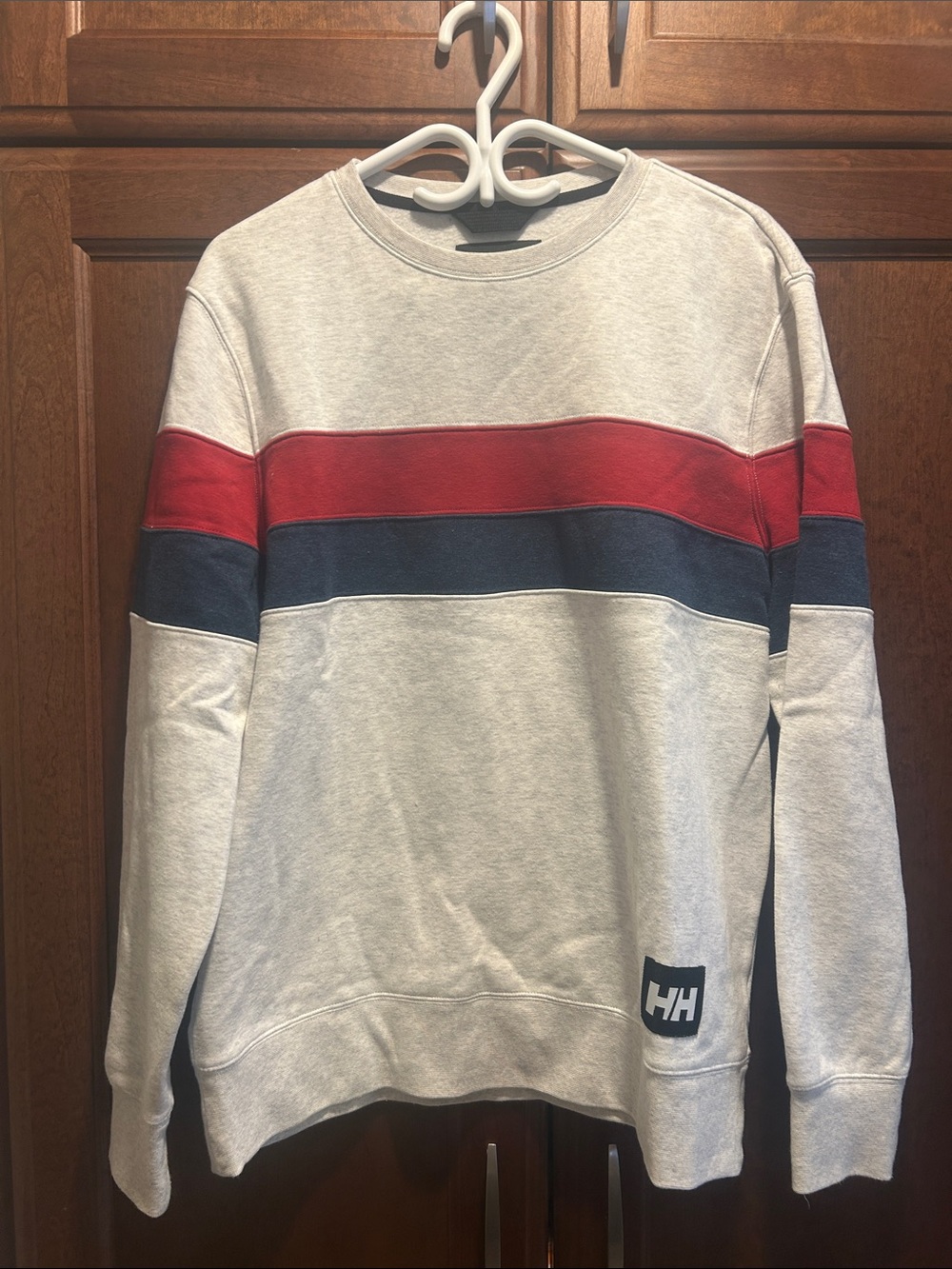 Helly Hansen Light Gray Crewneck with Red & Navy Chest Stripes